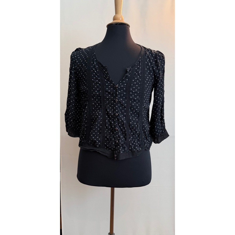 Free People Women Black Diamond Print Lace Trim Button Front Blouse Size M